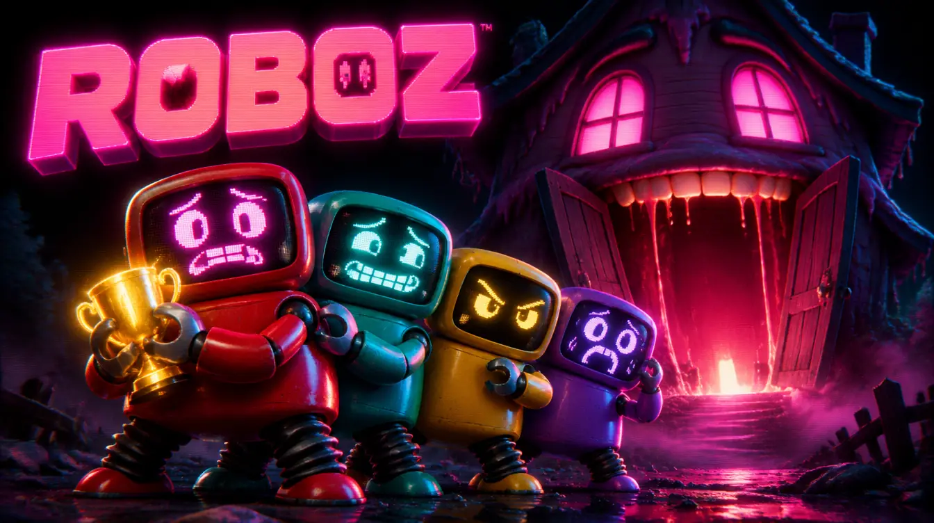 Four small robots with CRT heads in front of a haunted building
