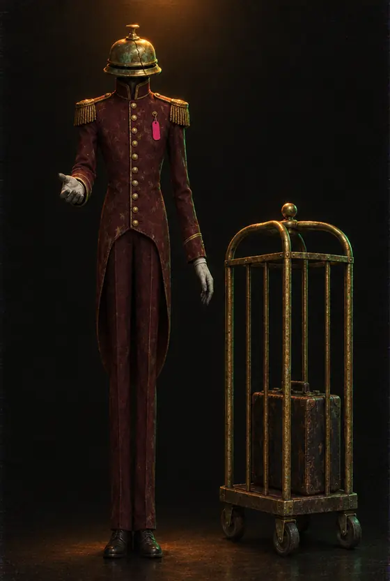 A tall porter with a cracked bell for a head beside a brass cage trolley