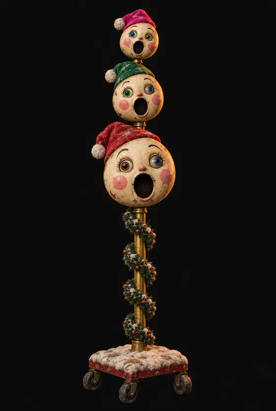 Three singing animatronic heads stacked on a brass pole
