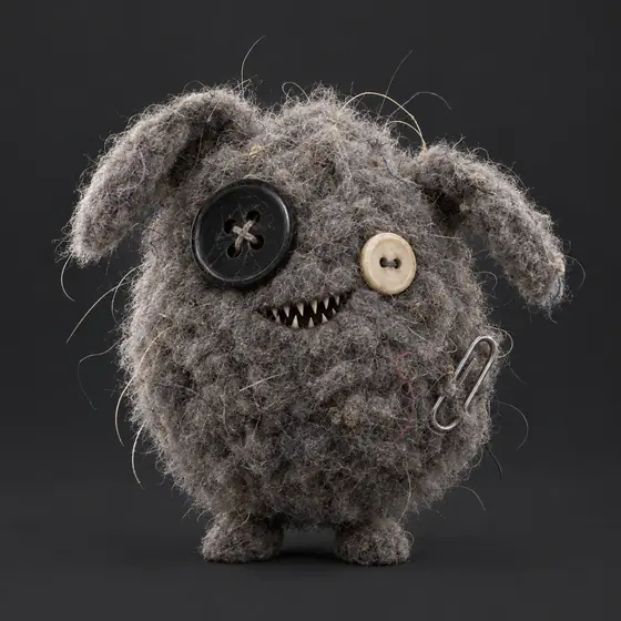 A round grey lint ball with button eyes and needle teeth