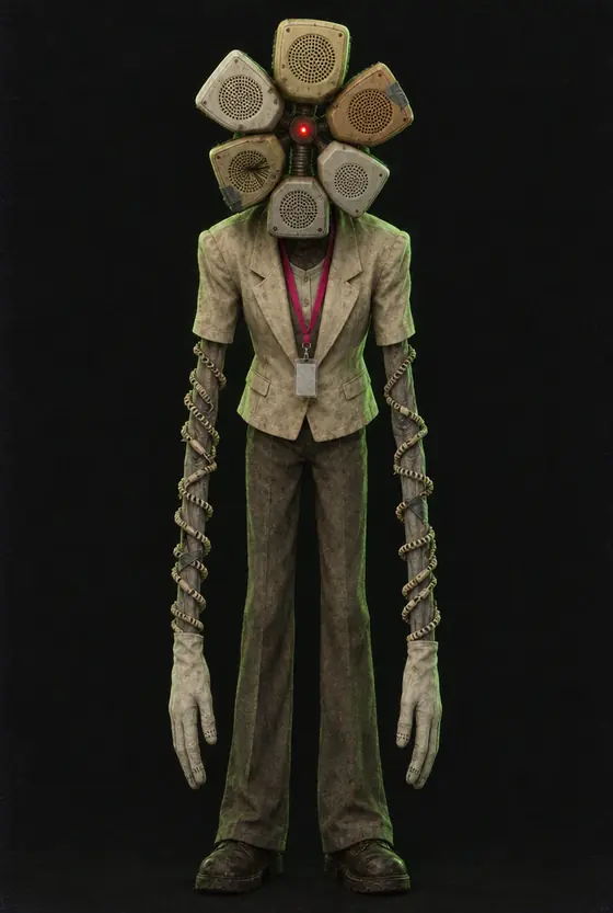 A tall figure in a cream blazer with a ring of intercom grilles for a head