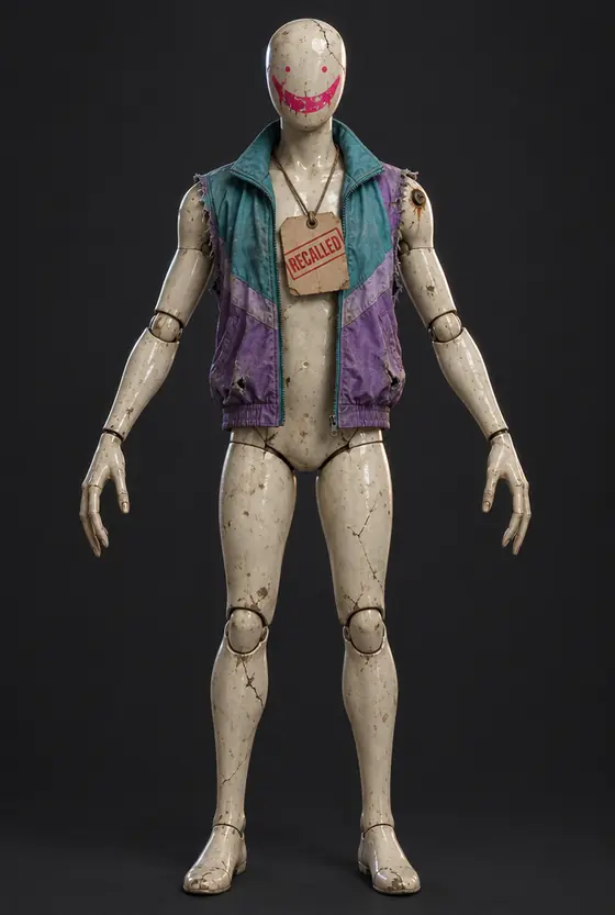 A cracked ivory mannequin with a painted pink grin and a RECALLED tag