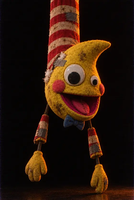 A felt crescent-moon puppet hanging from a striped sleeve